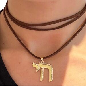 Gold Chai Hebrew Pendant on Brown Cord String Necklace